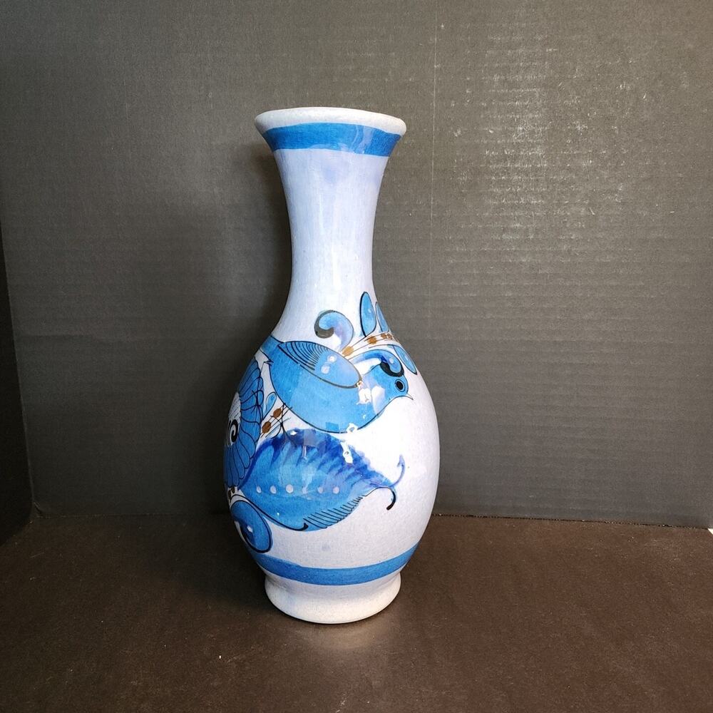 Vtg Tonala Mexican Pottery 11" Vase Blue Bird and Floral and Butterfly Design